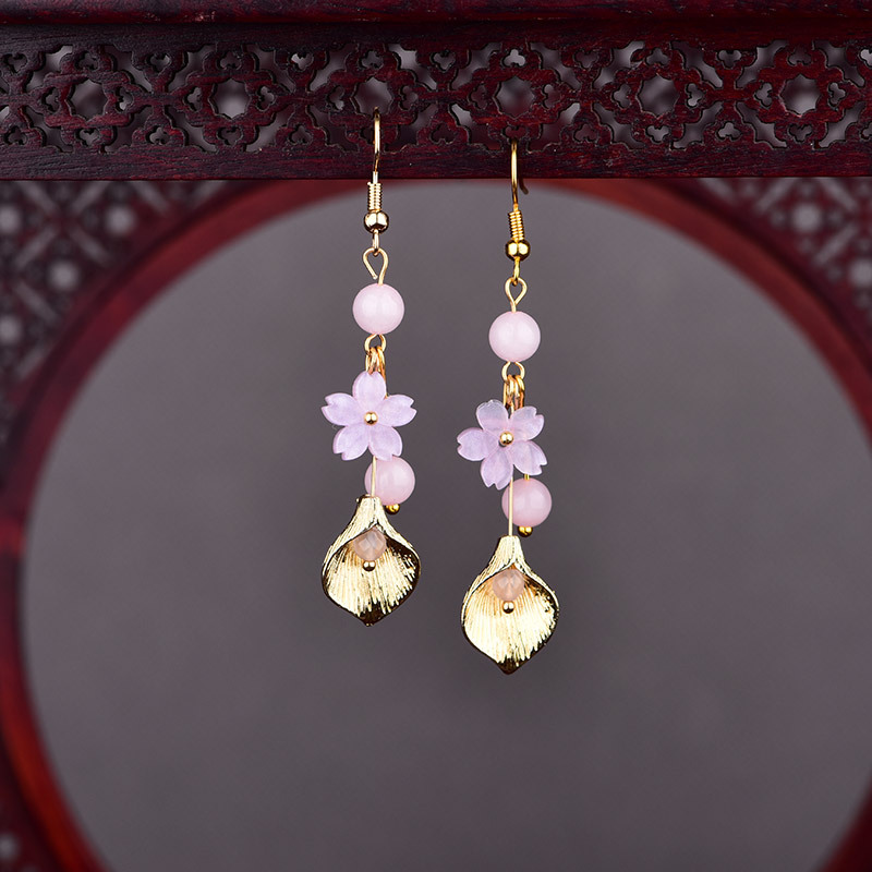 Vintage Fashion Women - Pink Natural Jade Flower Earrings Vintage
